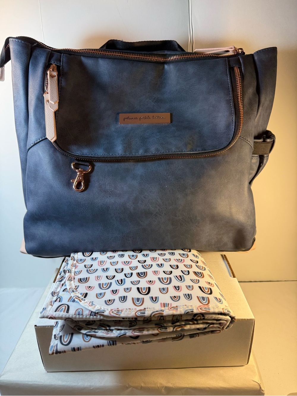 Petunia Pickle Bottom Navy Blue Messenger Bag with Tan Accents